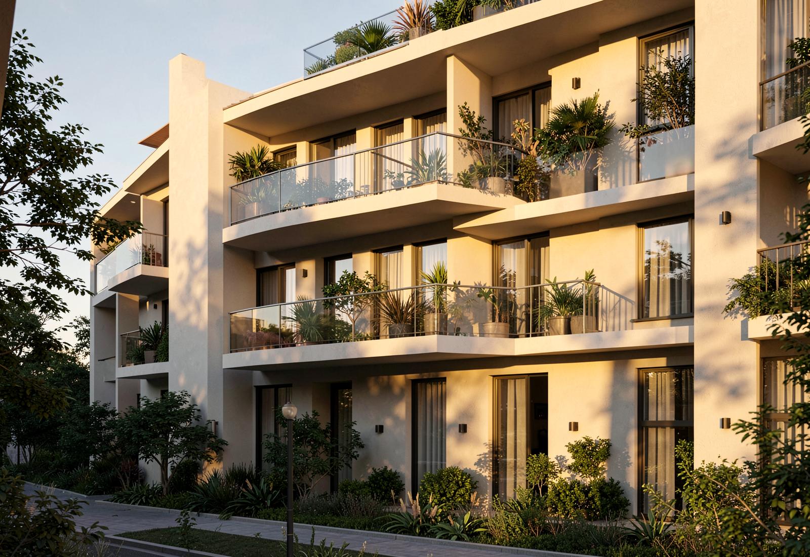 Warm evening light on a modern residential building with planted balconies